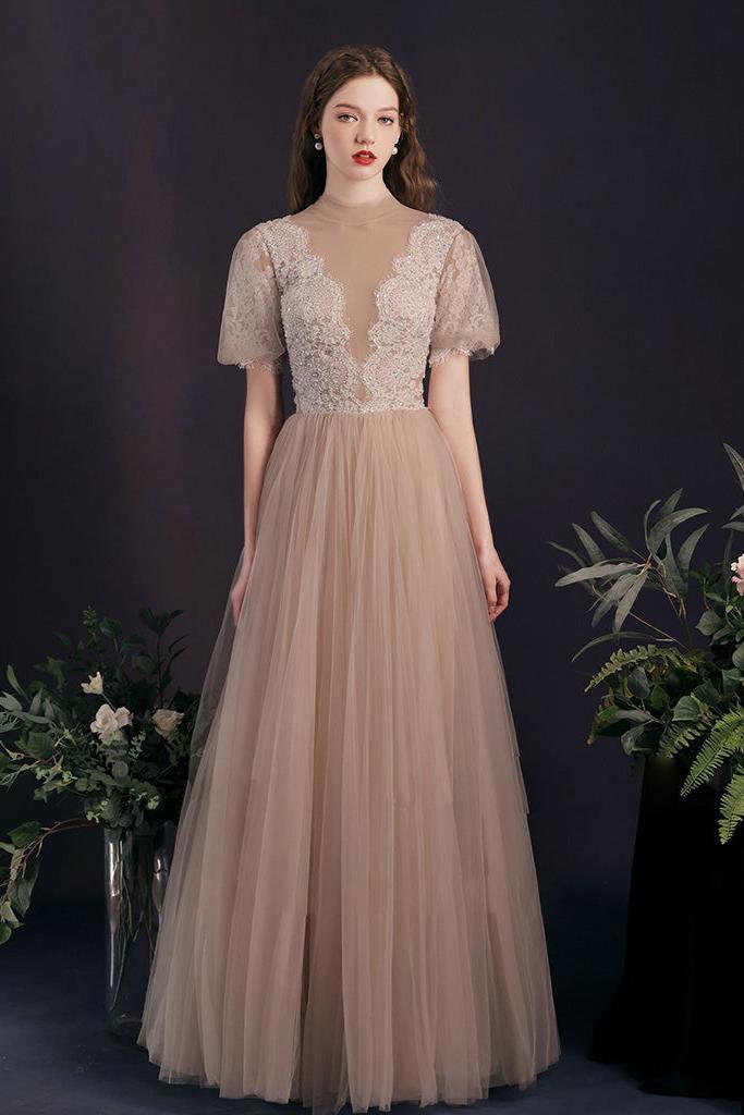 Handmade Bridesmaid DressA Line Tulle Lace Champagne Long Tulle Lace Long Wedding Guest Dress