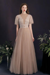 Handmade Bridesmaid DressA Line Tulle Lace Champagne Long Tulle Lace Long Wedding Guest Dress