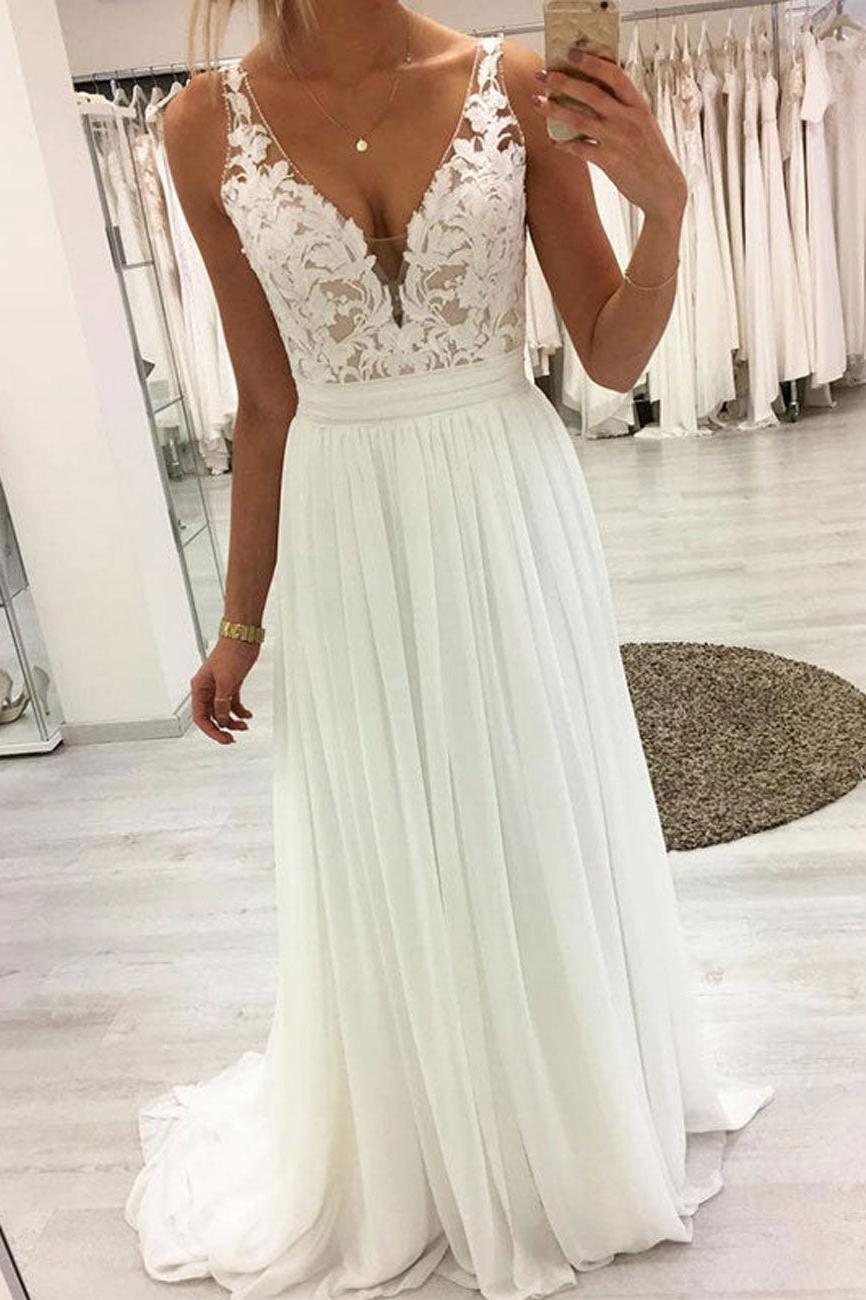 Handmade Bridesmaid DressA Line V Neck White Long Chiffon Lace Wedding Guest Dress