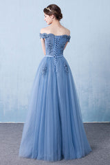 Handmade Bridesmaid DressBlue Off the Shoulder Lace Tulle Long Wedding Guest Dress