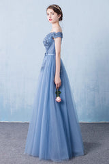 Handmade Bridesmaid DressBlue Off the Shoulder Lace Tulle Long Wedding Guest Dress