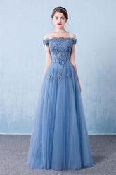 Handmade Bridesmaid DressBlue Off the Shoulder Lace Tulle Long Wedding Guest Dress