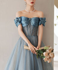 Handmade Bridesmaid DressBlue Off the Shoulder Satin Long Wedding Guest Dress