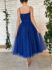 Handmade Bridesmaid DressBlue Tulle Tea Length Blue Tulle Wedding Guest Dress