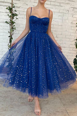 Handmade Bridesmaid DressBlue Tulle Tea Length Blue Tulle Wedding Guest Dress