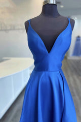 Handmade Bridesmaid DressBlue V Neck Satin Long Wedding Guest Dress