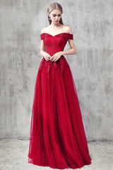 Handmade Bridesmaid DressBurgundy Tulle Lace Off the Shoulder Wedding Guest Dress