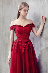 Handmade Bridesmaid DressBurgundy Tulle Lace Off the Shoulder Wedding Guest Dress
