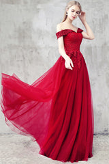 Handmade Bridesmaid DressBurgundy Tulle Lace Off the Shoulder Wedding Guest Dress