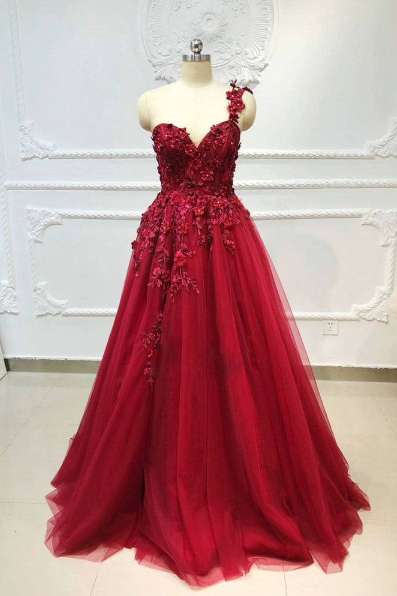 Handmade Bridesmaid DressBurgundy Tulle Lace One Shoulder Long Wedding Guest Dress