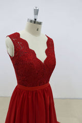 Handmade Bridesmaid DressBurgundy V Neck Lace Chiffon Long Wedding Guest Dress