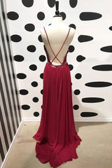 Handmade Bridesmaid DressBurgundy V Neck Lace Chiffon Long Wedding Guest Dress
