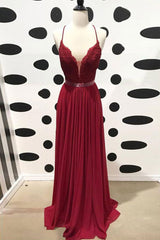 Handmade Bridesmaid DressBurgundy V Neck Lace Chiffon Long Wedding Guest Dress