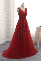 Handmade Bridesmaid DressBurgundy V Neck Tulle Lace Appliques Long Wedding Guest Dress
