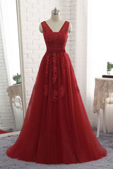 Handmade Bridesmaid DressBurgundy V Neck Tulle Lace Appliques Long Wedding Guest Dress