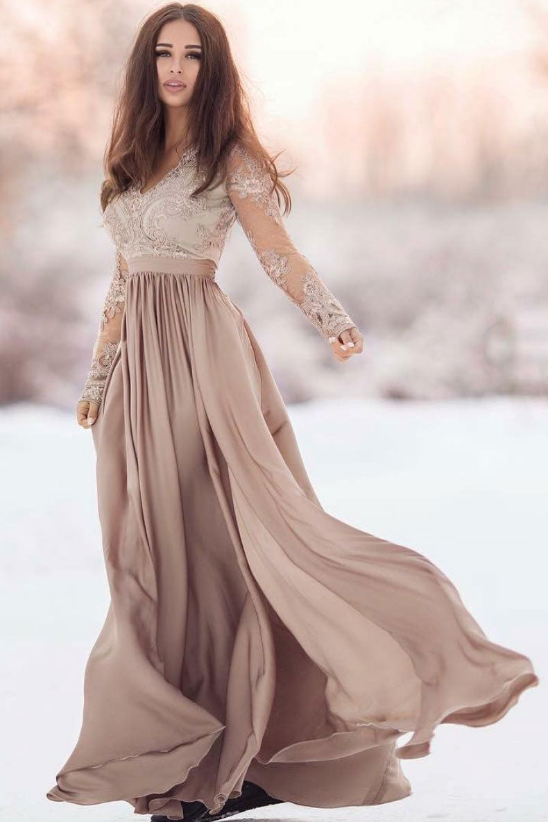 Handmade Bridesmaid DressChampagne Chiffon Lace Long Wedding Guest Dress