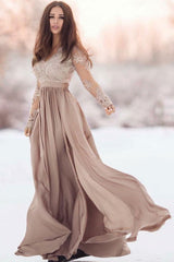 Handmade Bridesmaid DressChampagne Chiffon Lace Long Wedding Guest Dress