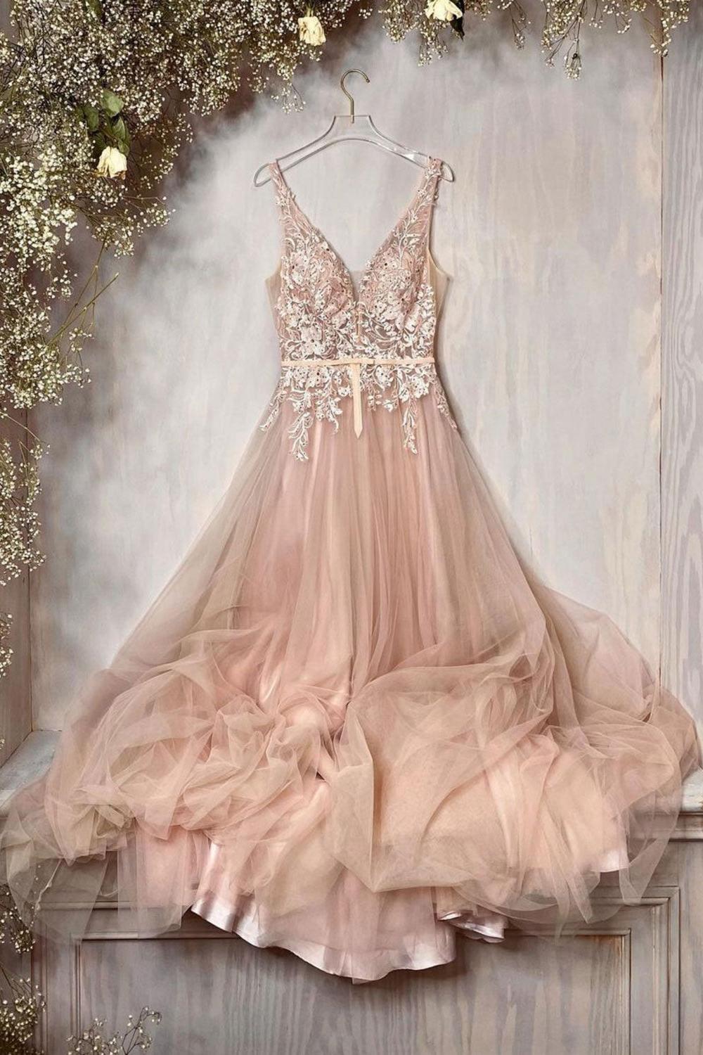 Handmade Bridesmaid DressChampagne V Neck Tulle Lace Long A Line Wedding Guest Dress