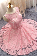 Handmade Bridesmaid DressCute Pink Round Neck Lace Short Wedding Guest Dress