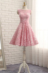 Handmade Bridesmaid DressCute Pink Round Neck Lace Short Wedding Guest Dress