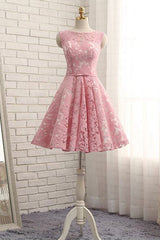 Handmade Bridesmaid DressCute Pink Round Neck Lace Short Wedding Guest Dress