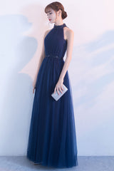 Handmade Bridesmaid DressDark Blue Tulle High Neck Long Wedding Guest Dress