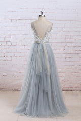 Handmade Bridesmaid DressGray A Line Lace Tulle Long Wedding Guest Dress
