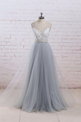 Handmade Bridesmaid DressGray A Line Lace Tulle Long Wedding Guest Dress