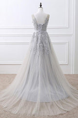 Handmade Prom Dress Gray V Neck Lace Tulle Long Wedding Guest Dress