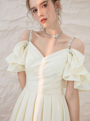 Handmade Bridesmaid DressLight Yellow Satin Short Wedding Guest Dress