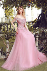 Handmade Bridesmaid DressPink Off the Shoulder Lace Tulle Long Wedding Guest Dress