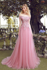 Handmade Bridesmaid DressPink Off the Shoulder Lace Tulle Long Wedding Guest Dress