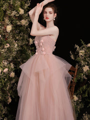 Handmade Bridesmaid DressPink Sweetheart Neck Tulle Long Wedding Guest Dress