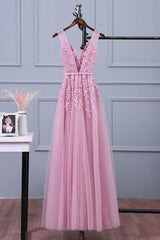 Handmade Bridesmaid DressPink V Neck Lace Appliques Tulle Long Wedding Guest Dress