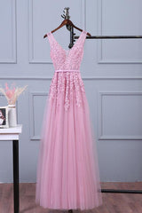 Handmade Bridesmaid DressPink V Neck Lace Appliques Tulle Long Wedding Guest Dress