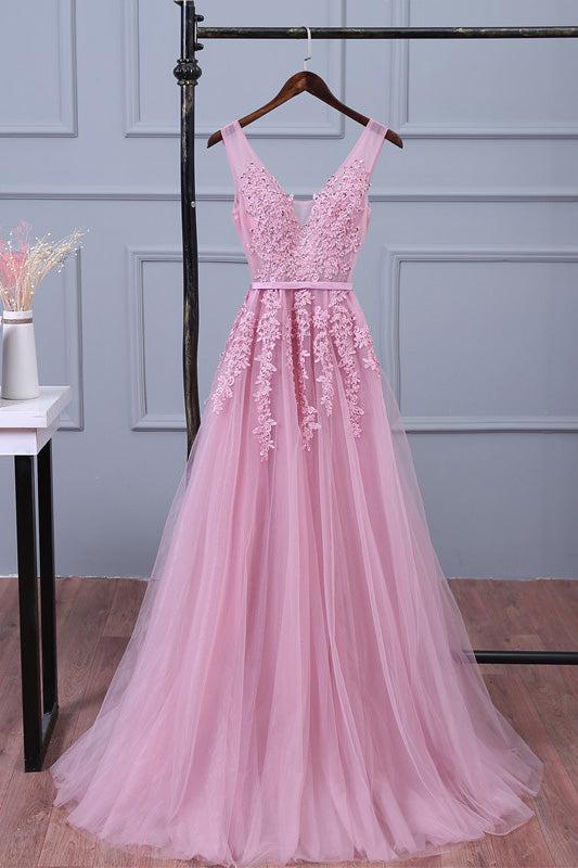 Handmade Bridesmaid DressPink V Neck Lace Appliques Tulle Long Wedding Guest Dress