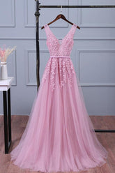 Handmade Bridesmaid DressPink V Neck Lace Appliques Tulle Long Wedding Guest Dress