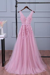 Handmade Bridesmaid DressPink V Neck Lace Appliques Tulle Long Wedding Guest Dress