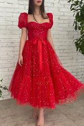 Handmade Bridesmaid DressRed Tulle Tea Length Tulle Wedding Guest Dress