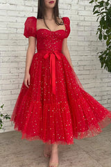 Handmade Bridesmaid DressRed Tulle Tea Length Tulle Wedding Guest Dress