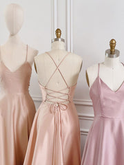 Handmade Bridesmaid DressSimple A Line Satin Long Pink Wedding Guest Dress