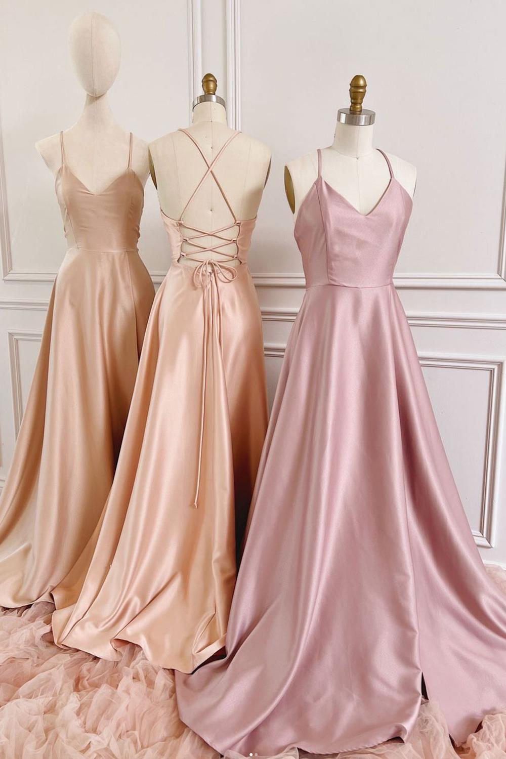 Handmade Bridesmaid DressSimple A Line Satin Long Pink Wedding Guest Dress