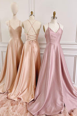 Handmade Bridesmaid DressSimple A Line Satin Long Pink Wedding Guest Dress