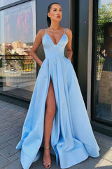 Handmade Bridesmaid DressSimple Blue Satin Long Wedding Guest Dress