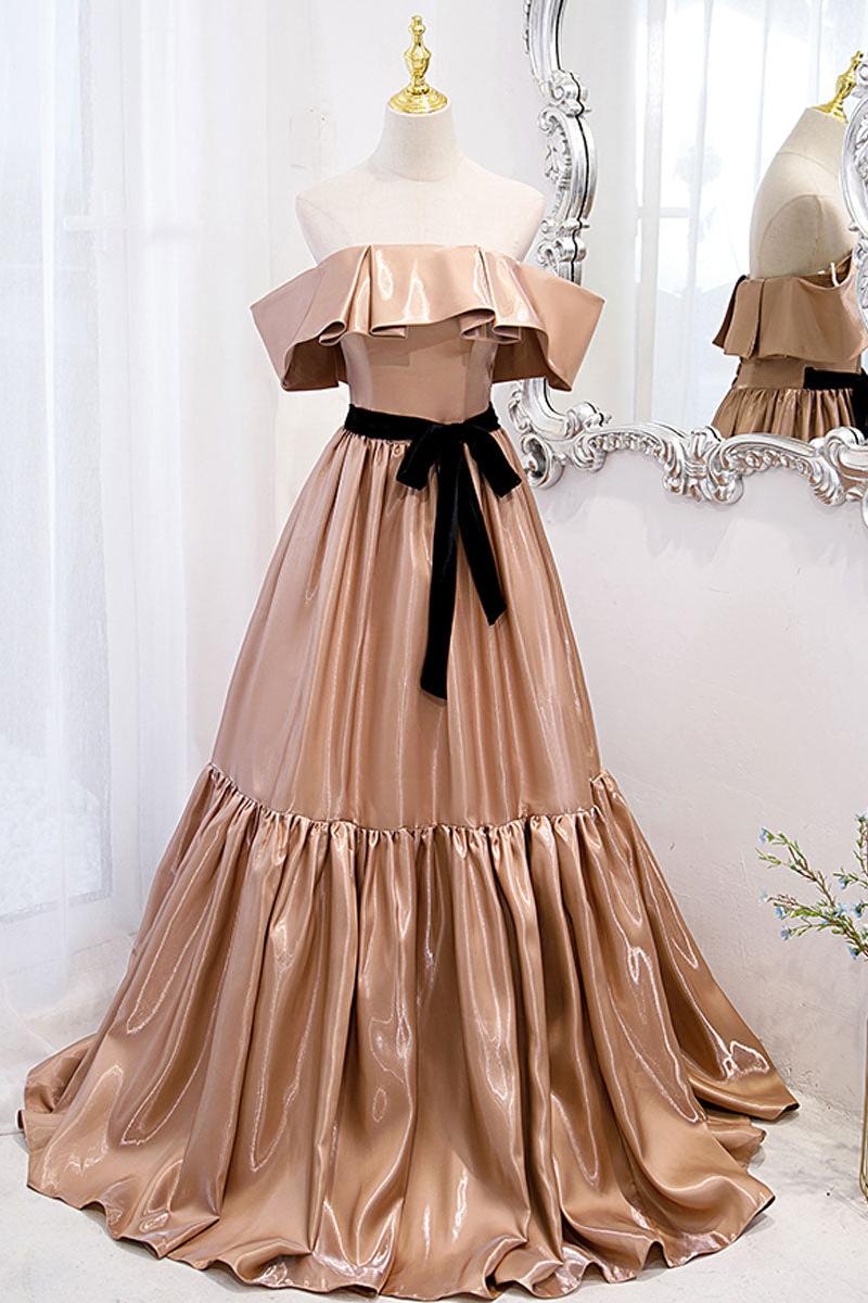 Handmade Bridesmaid DressSimple Champagne Off the Shoulder Long Wedding Guest Dress