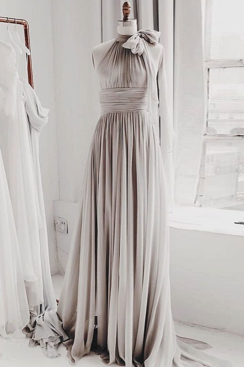 Handmade Bridesmaid DressSimple Chiffon Gray Long Wedding Guest Dress