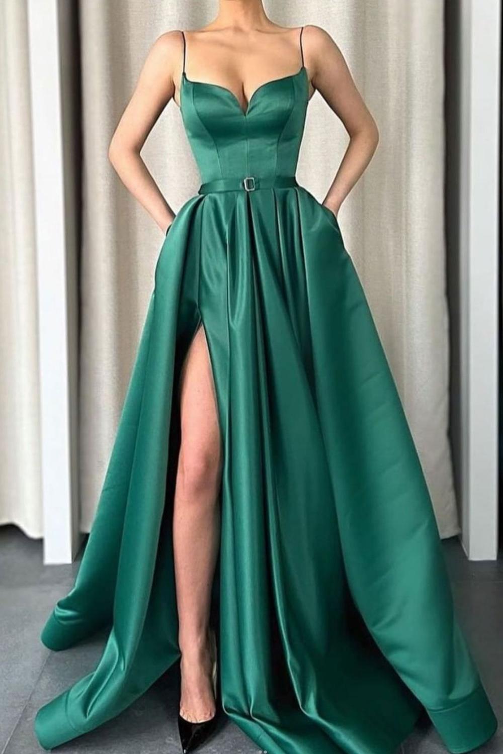 Handmade Bridesmaid DressSimple Green Satin Long Wedding Guest Dress