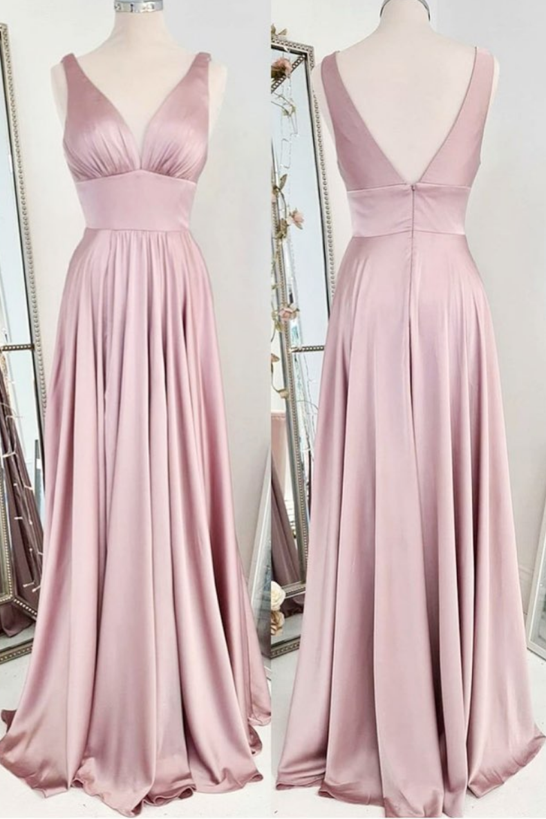 Handmade Bridesmaid DressSimple Pink Satin Long Wedding Guest Dress