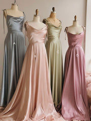 Handmade Bridesmaid DressSimple Satin A Line Long Wedding Guest Dress