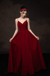 Handmade Bridesmaid DressSimple V Neck Burgundy Long Wedding Guest Dress